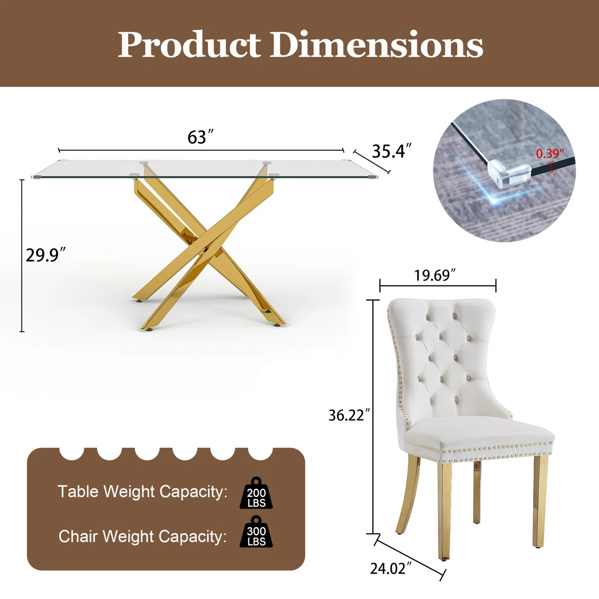 7-Piece Rectangular Glass Dining Table Set with 6 White Velvet Chairs - Image 2