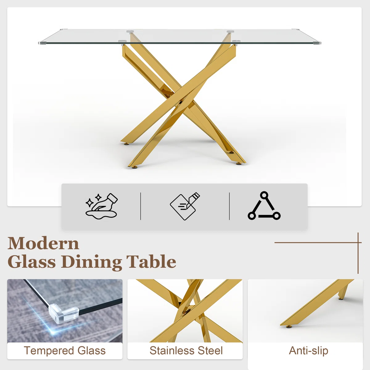 7-Piece Rectangular Glass Dining Table Set with 6 White Velvet Chairs - Image 4